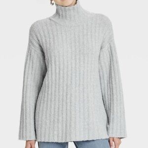 Oversized Gray Cable Knit Turtleneck Sweater Soft Ribbed Neutral Cozy Fit L
